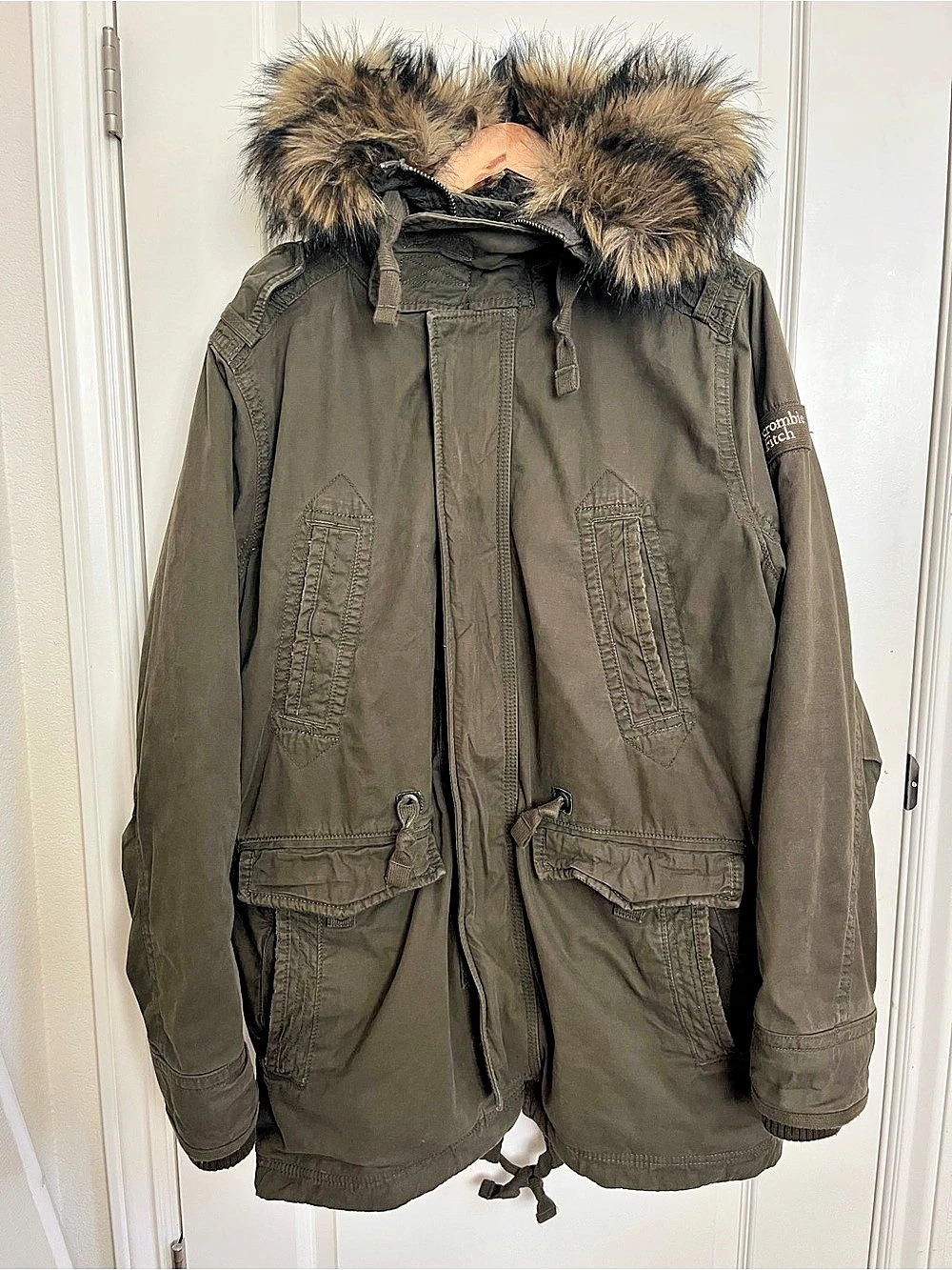 Abercrombie & Fitch Y2K Men's Green Parka Jacket with Fur Hood Men’s XL